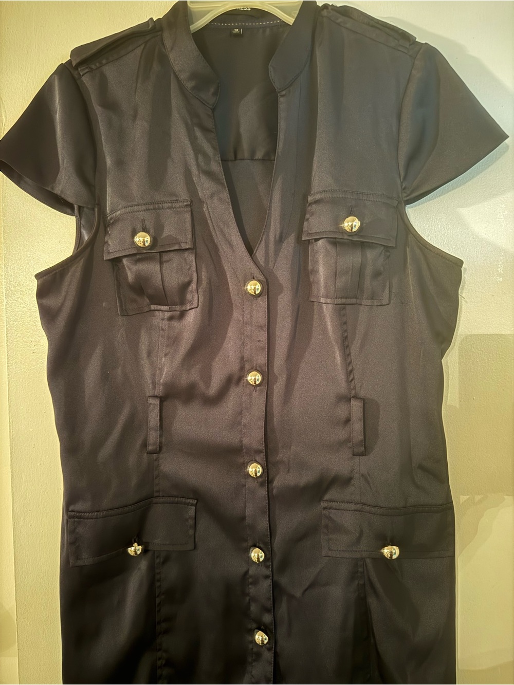 Express Black Short-Sleeve Utility Dress Jacket with Gold Buttons
